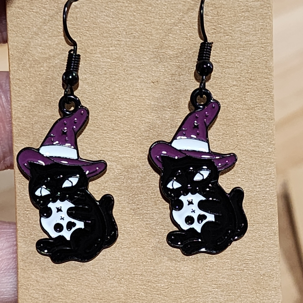 Handmade Set Of Witch Cat With Skull and Tarot Card Earrings - Picture 2 of 6